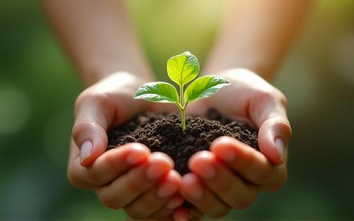 手の中に育つ若葉とクリーンな地球のイメージ